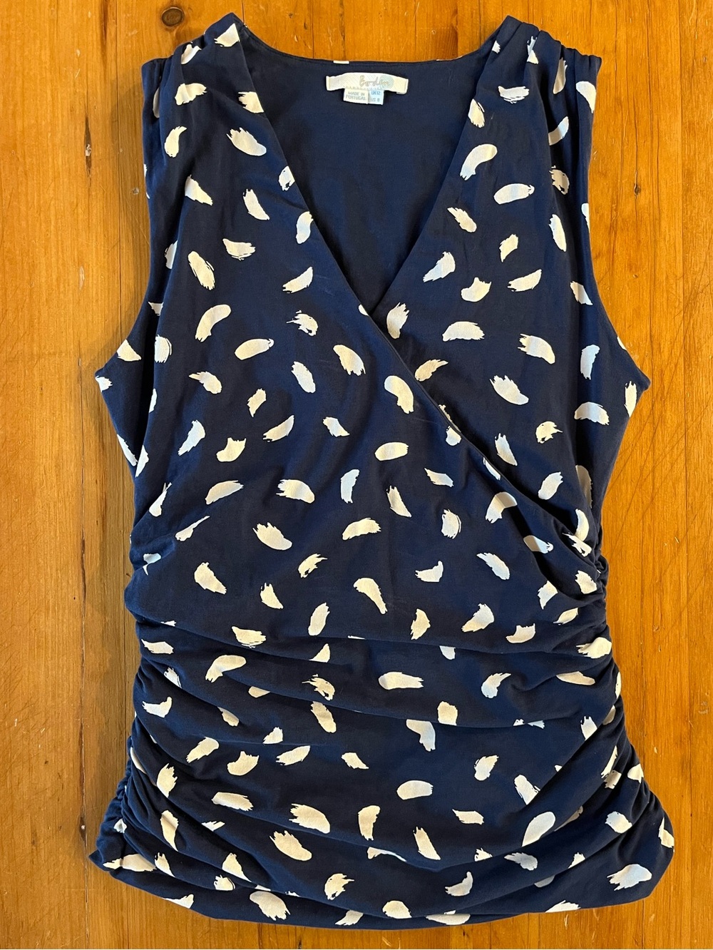 Boden Made in Portugal Navy Blue & White V-Neck Faux Wrap Sleeveless Top